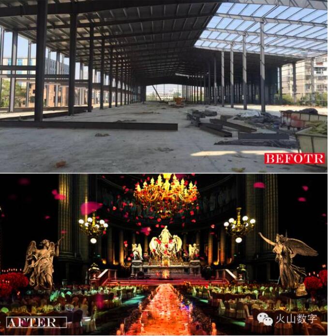 厂房改造沉浸式演艺宴会空间前后对比·火山数字项目实景，建议1200×600